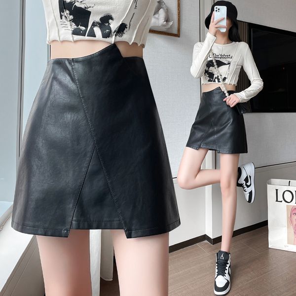 

skirts irregular black small leather a-line high waist short skirt 2021 women's super hip wrap skirt trend