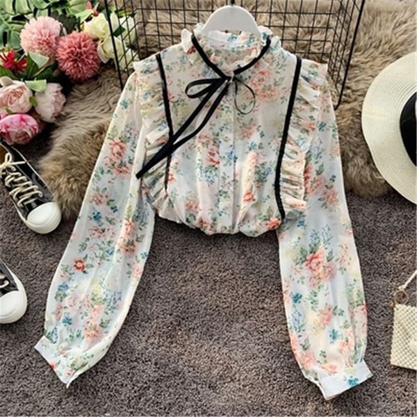 

sweet female chiffon blouse spring and fall support fashion ribbon, White