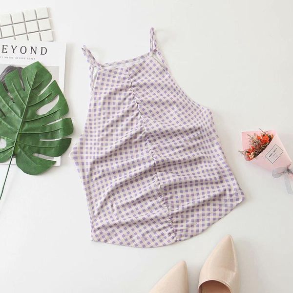 

women's tanks & camis 2021 summer pleated women tank camisole slim ladies thin plaid vest bralette casual sleeveless t-shirt purple, White