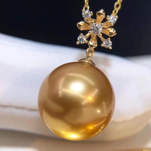 

d914 fine jewelry solid 18k gold round 11-12mm nature sea water golden pearl pendant neckalces for women presents, Bronze;silver