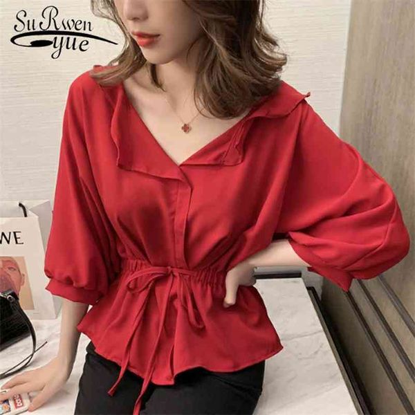 Sexy V-Ausschnitt Damen Kleidung Solide Tops und Bluse Koreanischer Stil Flare Sleeve Chiffon Blusas 4990 50 210521