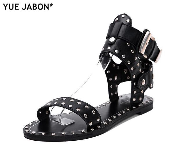 

black flats casual street style buckle strap gladiator sandals stud rivets open toe women rome gladiatorsandals size 43