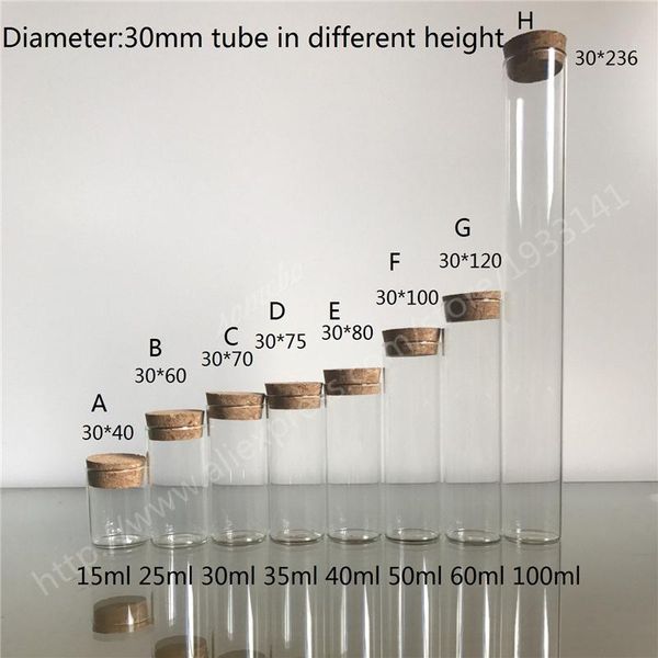 

diameter 30mm tubes 15ml 25ml 35ml 40ml 50ml 60ml glass bottles with cork empty vial for tea or sea cucumber, 10pcs/lot storage & jars