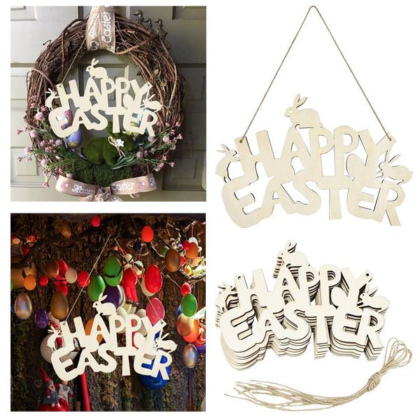 

1pc happy easter wooden hanging sign egg rabbite party door plaque decor wood crafts for home diy wreath supplies decoration