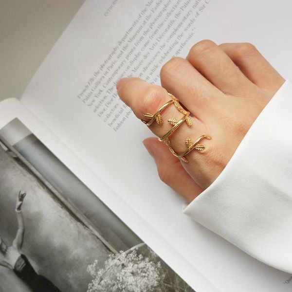 

cluster rings korean leaf multilayer screw 925 silver jewelry ladies ring champagne color adjustable female finger woman accesories, Golden;silver