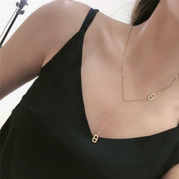 

japanese and korean style lovely two letter stitching tassel clavicle necklace femininity net red design texture oval ring neck chain, Silver