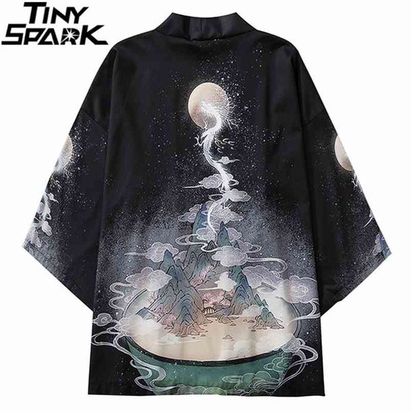 

japanese kimono jacket flying white dragon harajuku hip hop men japan streetwear summer thin clothing loose 210811, Black;brown