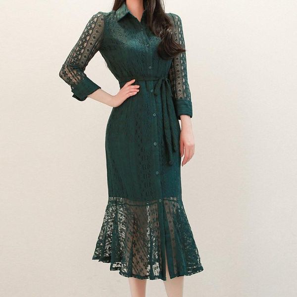 

casual dresses 2021 vintage style woman lace dress autumn long sleeve turn-down collar shirt up party vestidos, Black;gray