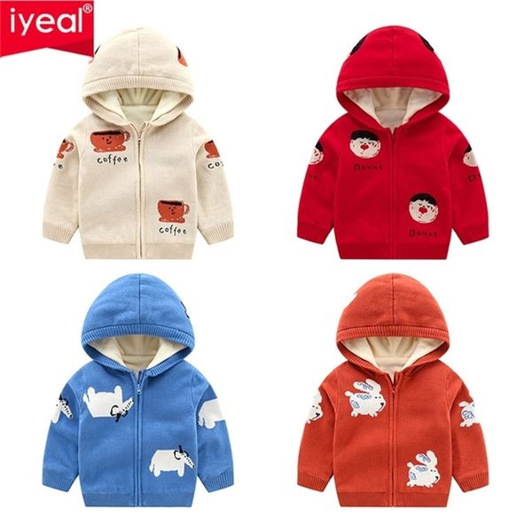 

iyeal baby girls boys sweaters hooded cardigans toddler kids boys warm flannel inside knitted sweater outwear girls clothes 211106, Blue