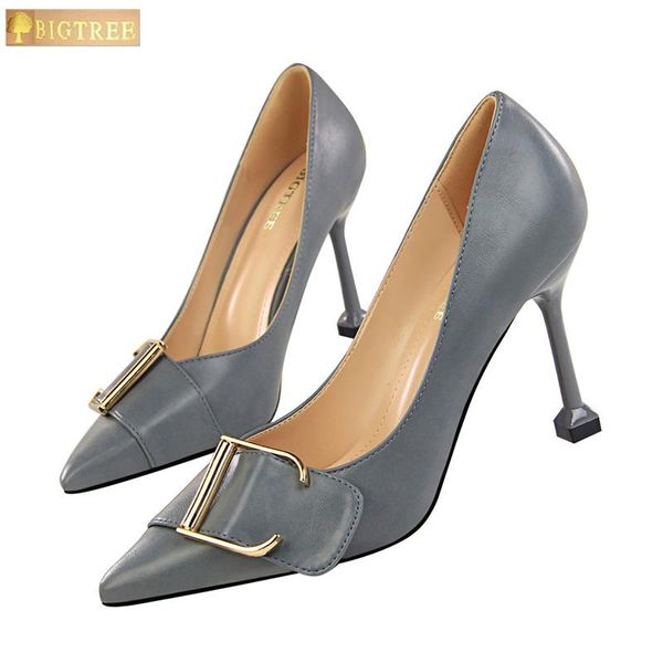 

dress shoes bigtree women pumps pu leather ol 9.5cm thin high heel shallowly pointed toe metal belt buckle single women's, Black
