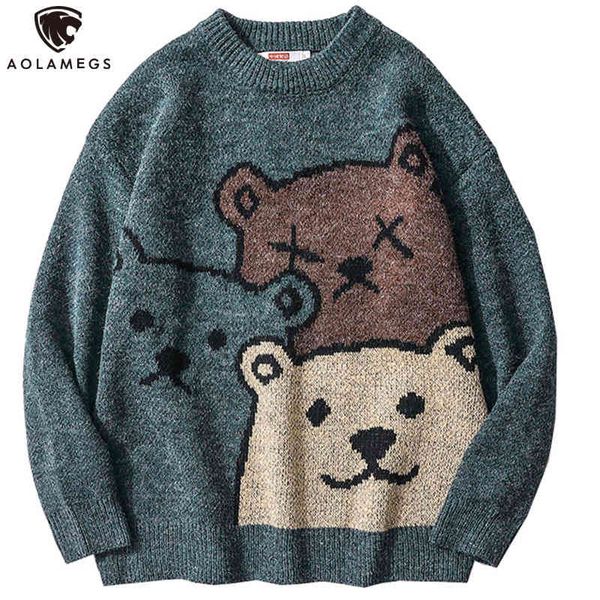 

women's sweaters male aolamegs cartoon jersey cute bear knit pullover man-to-man casual soft neck harajuku college streetwear spring, White;black