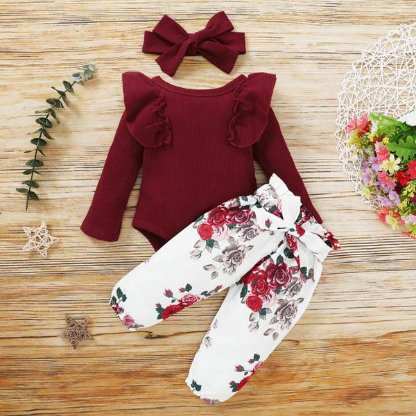 

3pcs baby girl outfit set born toddler girls clothes ruffle flower print long sleeve romper bodysuit +pants+headband infant clothing sets, White