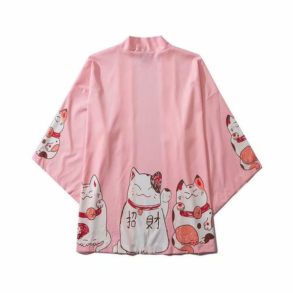

ethnic clothing 2021 pink lucky cat loose summer beach cardigan women harajuku japanese kimono style blouse, Red