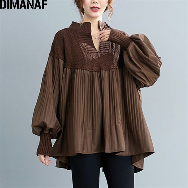 

dimanaf plus size women blouse shirt elegant lady tunic knitted high street pleated fashion loose female clothing autumn 210401, White