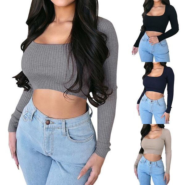 

women's t-shirt fashion u-neck low cut slim short long sleeve solid color, White