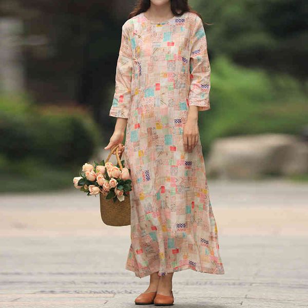 Johnature Frauen Chinesischen Stil Ramie Kleider Oansatz Sieben Ärmel Frühling Druck Floral Weiblichen Knopf Vintage Maxi Kleid 210521