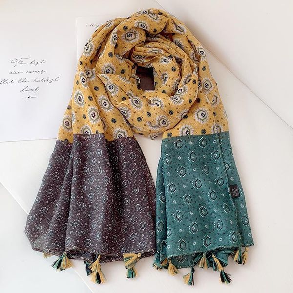 

scarves women autumn cotton tassel shawl aztec floral patchwork style pashmina wrap thick sun protection summer soft 180*100cm, Blue;gray