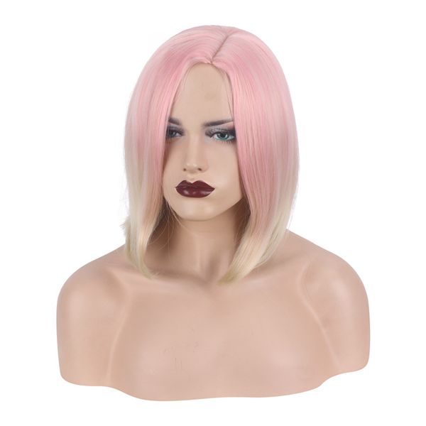 

human hair wigs bobo head wig set partial pink gradient beige, Black