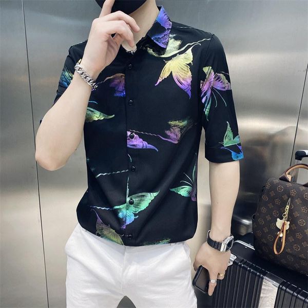 

men's casual shirts fashion summer colorful butterfly print men clothing 2021 simple slim fit half sleeve chemise homme streetwear 3xl, White;black