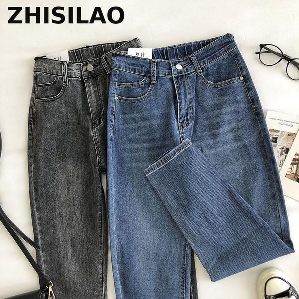 

women's jeans zhisilao elastic waist straight women autumn winter vintage stretch thick denim pants 2021 blue korean
