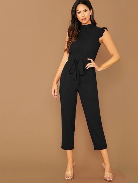 

mock-neck ruffle cuff self belted jumpsuit t5pw#, White