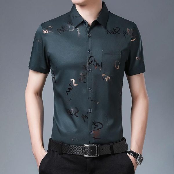 

men's casual shirts men summer business shirt dress short sleeve white blue black slim fit printing for social, White;black