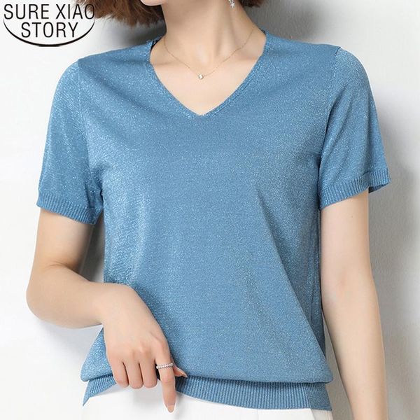 

women's blouses & shirts 2021 korean style women knitted blouse summer blusas mujer v-neck short sleeve casual solid loose 9798, White