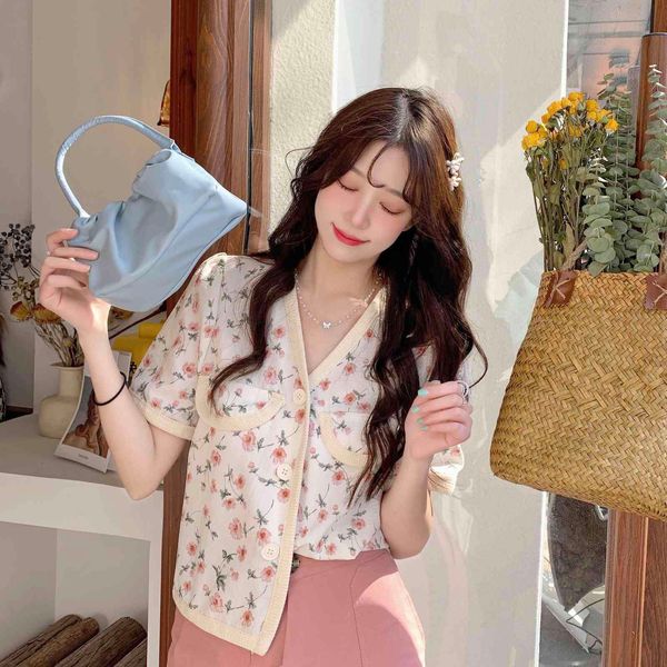 

women's blouses & shirts arrival summer korean style women short sleeve v-neck blouse floral print cotton linen single breasted, White