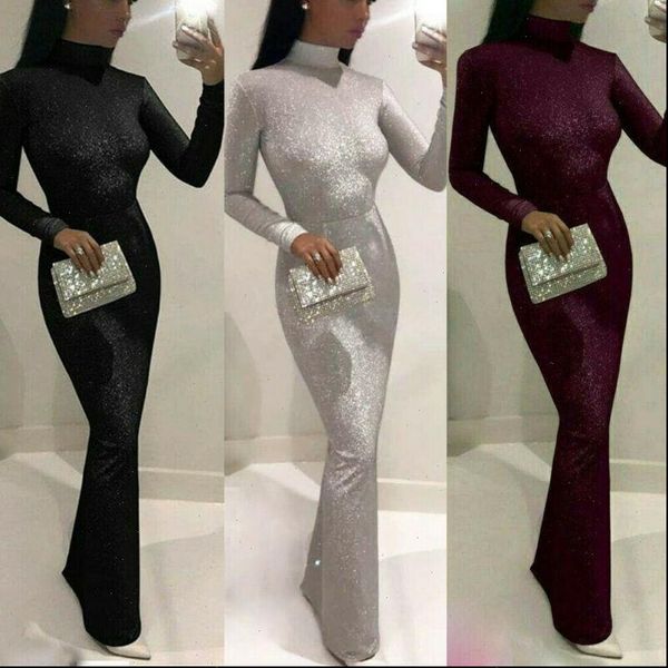 

shiny sequin glitter women dresses bodycon long maxi club sleeve high neck slim vestidos, Black;gray