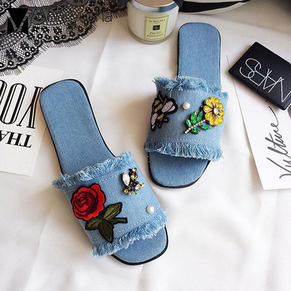 

slippers embroider denim sandals woman square toe all-match flower women crystal decorate fringe flip flops summer home slides, Black