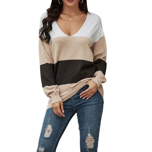 

women's sweaters autumn loose knitted pullovers v neck long sleeve block patchwork knitting high stretch outwear wdc5454, White;black