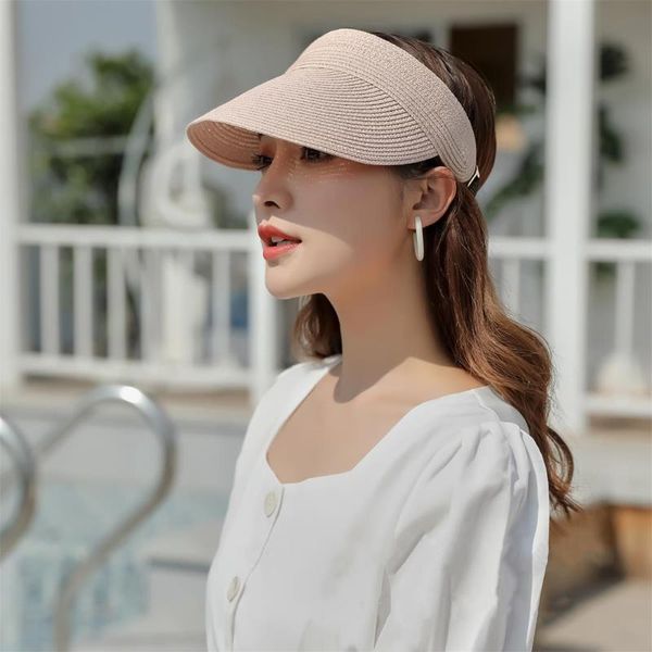 

wide brim hats summer straw beach sun visor for women, foldable roll-up protection, Blue;gray