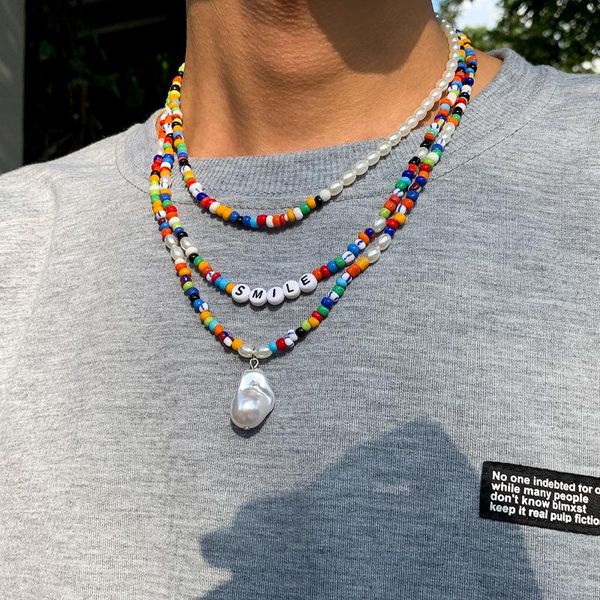 

pendant necklaces 3pcs/set colorful beaded chain choker necklace for women baroque simulated pearls bohemian multi layer jewelry, Silver