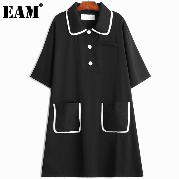 

casual dresses [eam] women black spliced ribbon pocket dress lapel short sleeve loose fit fashion tide spring summer 2021 1dd9121, Black;gray