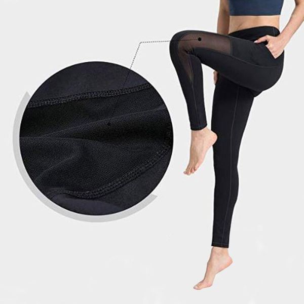 

women's leggings pocket solid sport pants high waist mesh perspective fitness women training running, Black