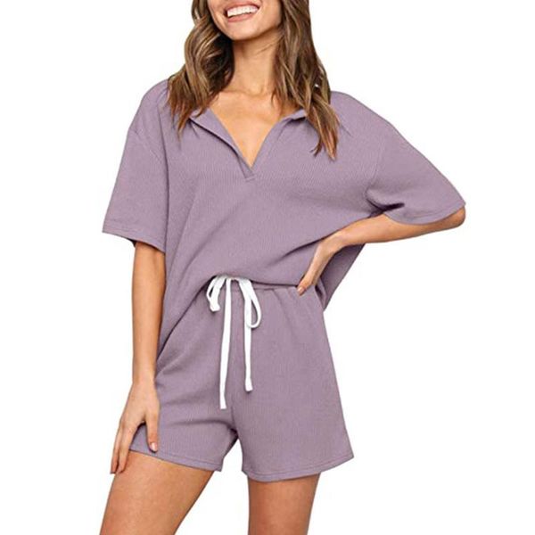 

women's tracksuits summer fashion ladies suit v-neck short-sleeved pullover blouse + drawstring elastic waist straight shorts for women, Gray
