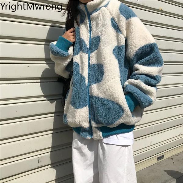 

women's jackets faux fur lambswool warm cow graffiti cute jacket coat women thick winter fluffy overcoat zipper high neck korean fall o, Black;brown