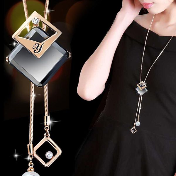 

pendant necklaces statement & pendants for women fashion geometric crystal simulated pearl necklace long chain collier femme jewelry, Silver