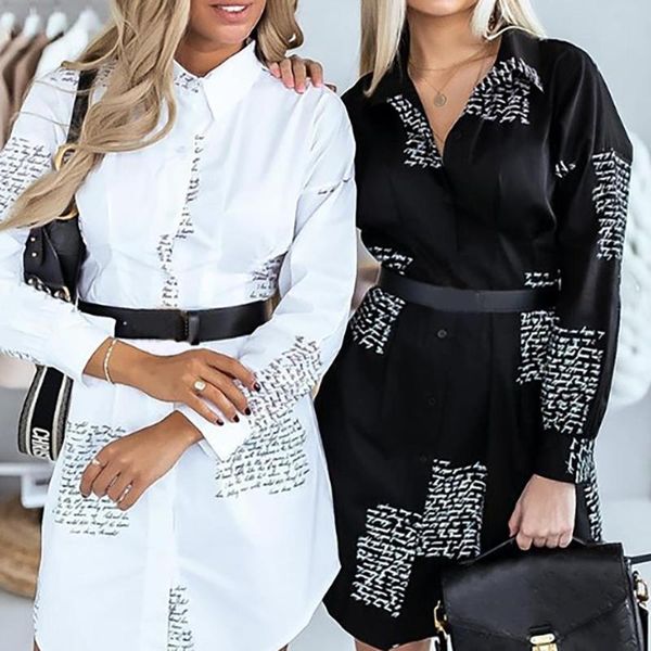 

casual women long sleeve turn down collar letter print shirt mini party dress turn-down ol style dresses, Black;gray