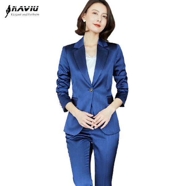 

acetate satin suit spring long sleeve fashion high end business formal stripe blazer and pants office ladies work wear 210604, White;black