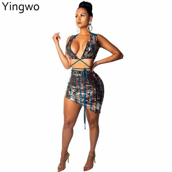 

blue/purple striped sequins fashion two pieces skirt set plunging v neck strappy crop back zipper mini suit women's piece pants, White