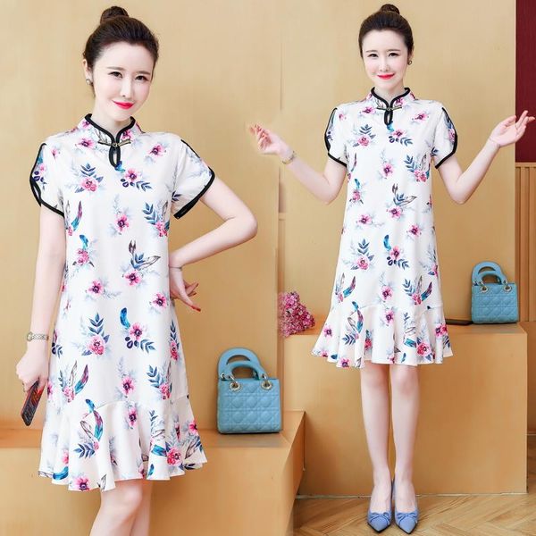 

plus size -4xl vintage chinese dress qipao casual party women a-line short sleeve summer cheongsam dresses ethnic clothing, Red