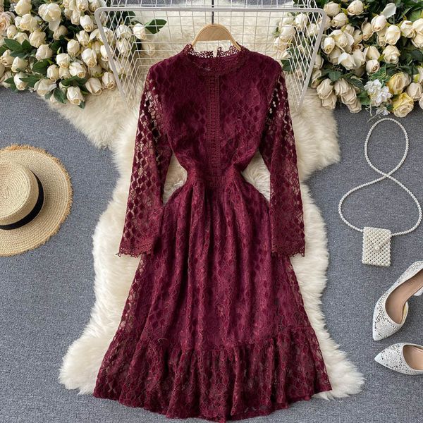 

dresses french lace ruffles women elegant long sleeve o neck a-line es spring retro casual streetwear short, Black;gray