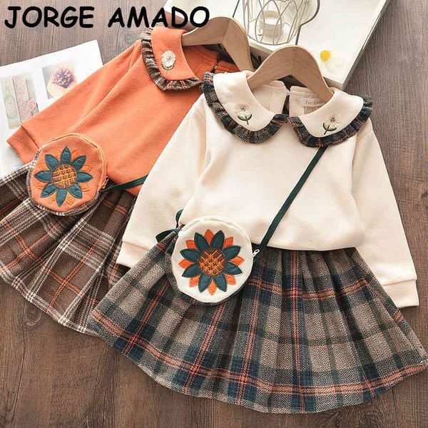 

clothing sets autumn winter girls outfits long sleeve sweatshirts+plaid skirt+bag princess suits set ax1310 e9in, White