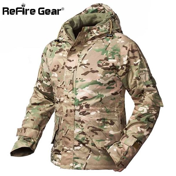 Refire engrenagem inverno camuflagem camuflagem jaqueta tática homens impermeáveis ​​quentes espessas lã lã blusa de blusa com capuz o casaco militar 211126