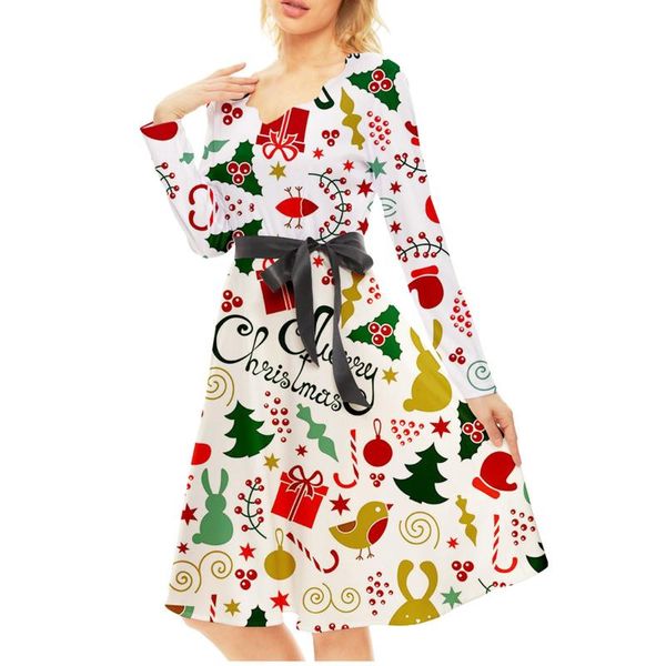 

casual dresses elegant floral print women christmas long-sleeved v-neck belt dress female party a-line loose high quality, Black;gray