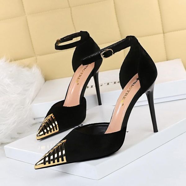 

inches flock high heels thin pointed toe nightclub full dress lady show models party fashion elegant concise shoes, Black