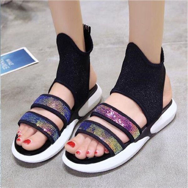 

leisure women summer open toe shoes flat with platform sandals rome wedges, Black