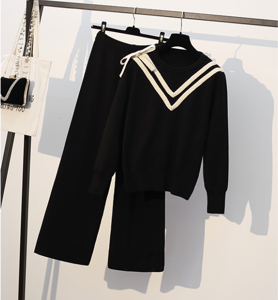 

two piece dress plus size l-5xl knitted patchwork striped fashion o-neck women winter sweaters +elastic high waist wide leg knit pants s, White