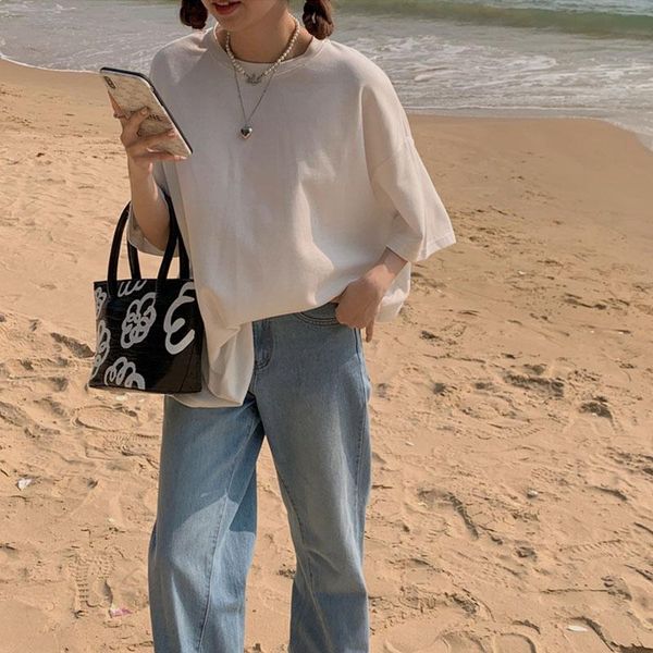 

100% cotton t-shirt women summer oversized solid color basic tee 4 casual loose tshirt korean o-neck simple women's, White